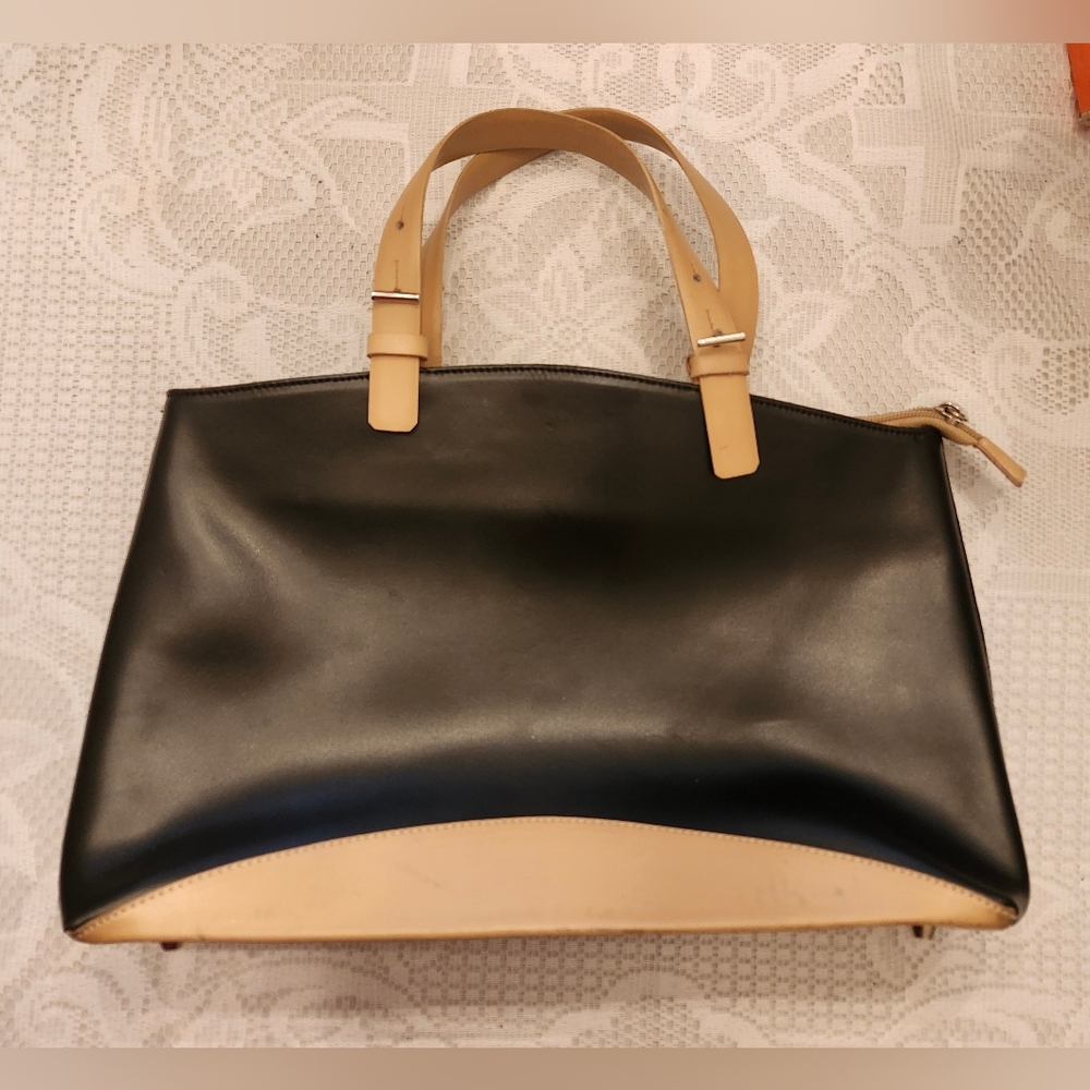 Arcadia Black and Tan Leather Tote Bag